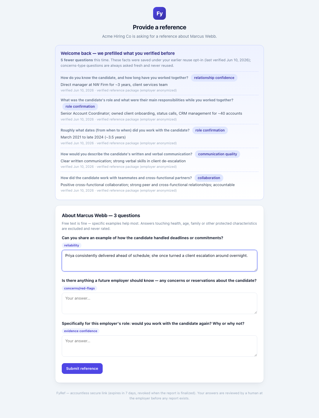 Ref&Go secure reference response flow with guided questions